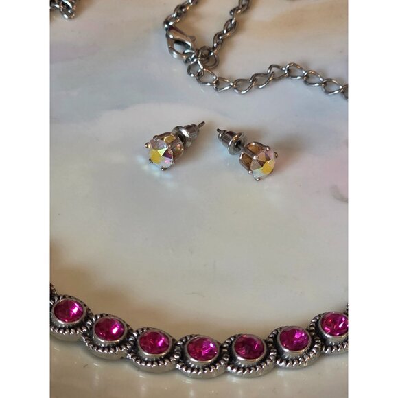 Vintage Style Silver Necklace & Earring Set With Pink & Clear Rhinestones - Picture 7 of 7